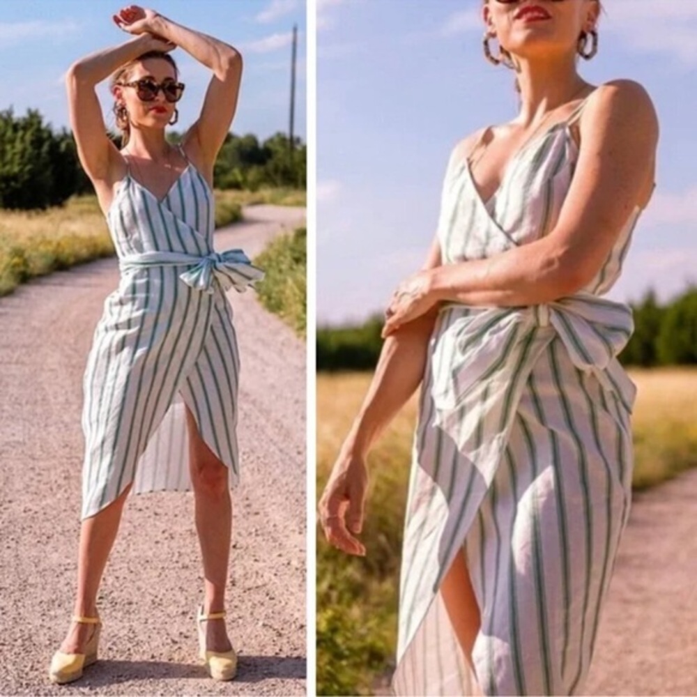 REFORMATION Court‎ Midi Dress Gateau Linen Stripe Wrap Tulip Hem Size XS